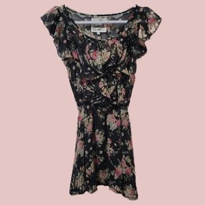 Black pink green floral print mesh ruffle mini dress Sakura small XS j-fashion
